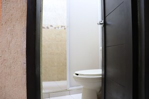Chuveiro, sabonete, shampoo, papel higiênico