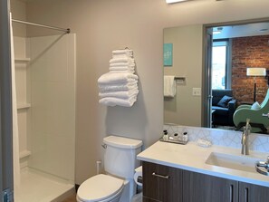Shower, hair dryer, towels