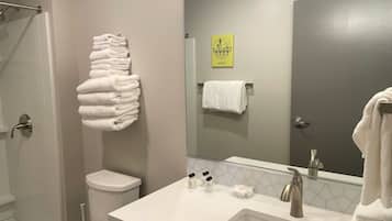 Douche, séchoir à cheveux, serviettes fournies
