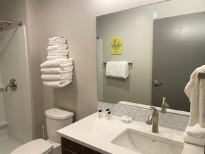 Shower, hair dryer, towels