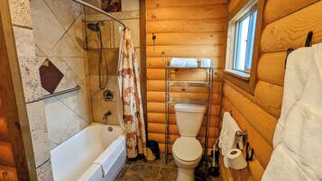 Combined shower/tub, hair dryer, towels