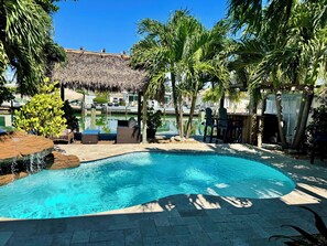 Outdoor pool, a heated pool - Best 2/2 in KCB. Private Pool/Private Dock/Lush backyard/Tiki & Outdoor Bar. (Key Colony Beach)