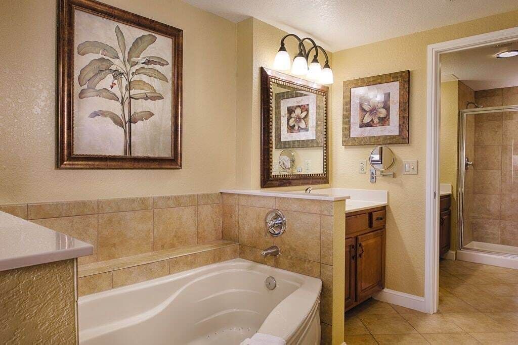 combined shower/bathtub, hair dryer, towels
