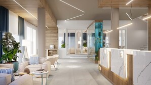 A modern hotel lobby with a reception desk, seating area, and a large window.