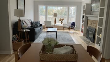 Una televisión, una chimenea, libros