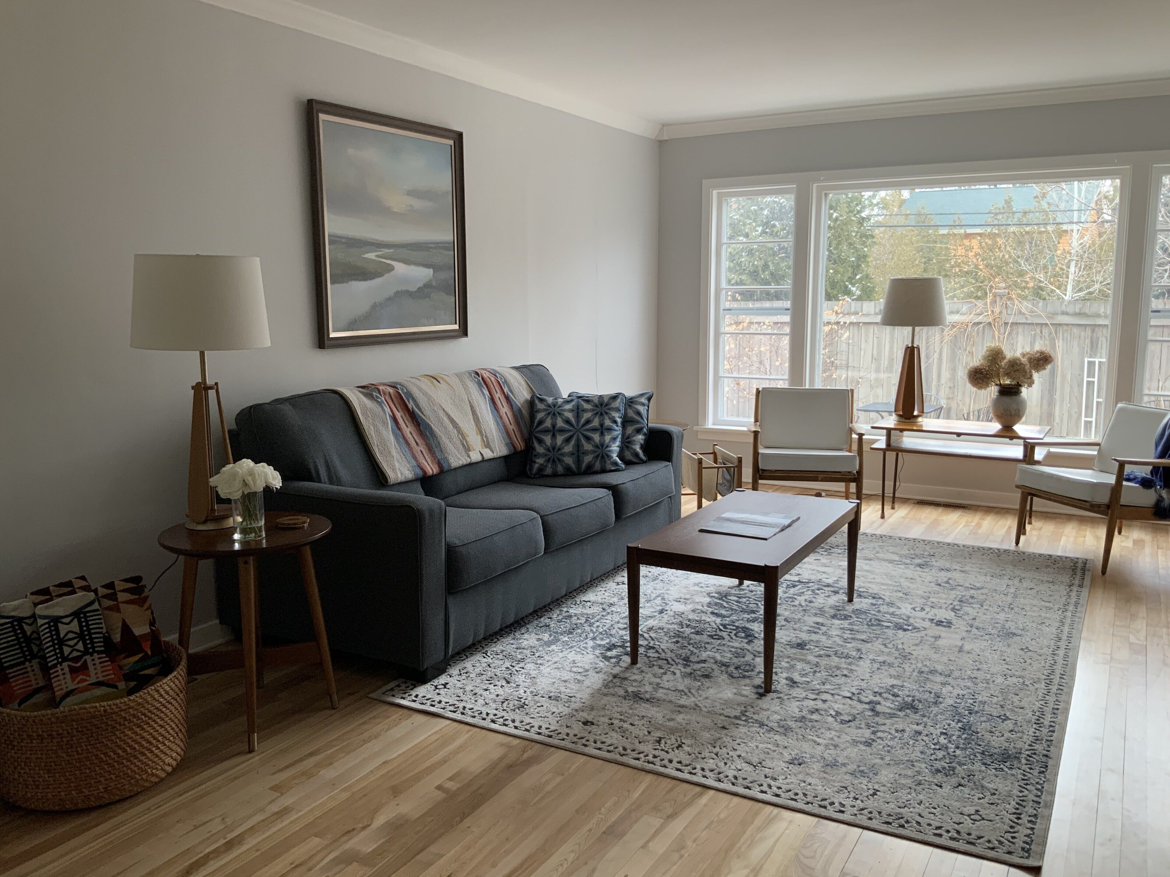TV, fireplace, books