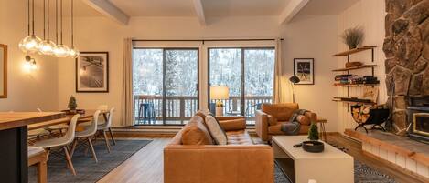 Televisión, chimenea, libros y estéreo