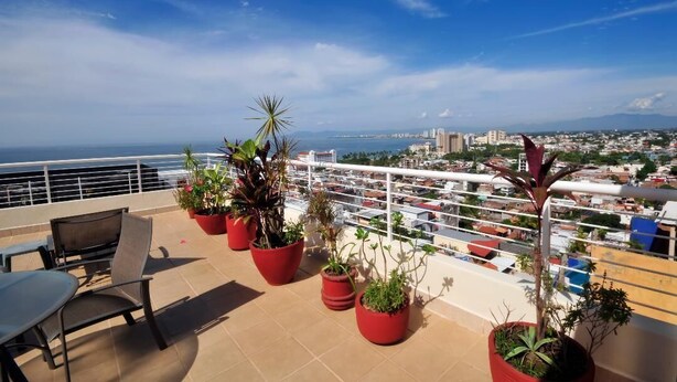 Une terrasse sur le toit, agrémentée de plantes en pot, d’une table et de chaises.