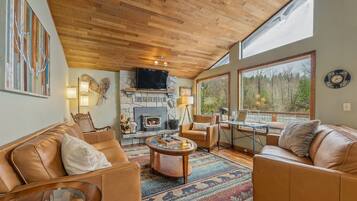 Televisión, chimenea, libros y bocina smart