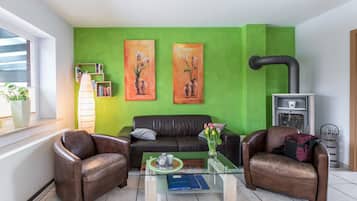 Televisión, chimenea, reproductor de DVD, estéreo