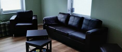 A living room with a black leather sofa, a small black coffee table, and a wooden floor. There are two windows with blinds, and the walls are painted green.