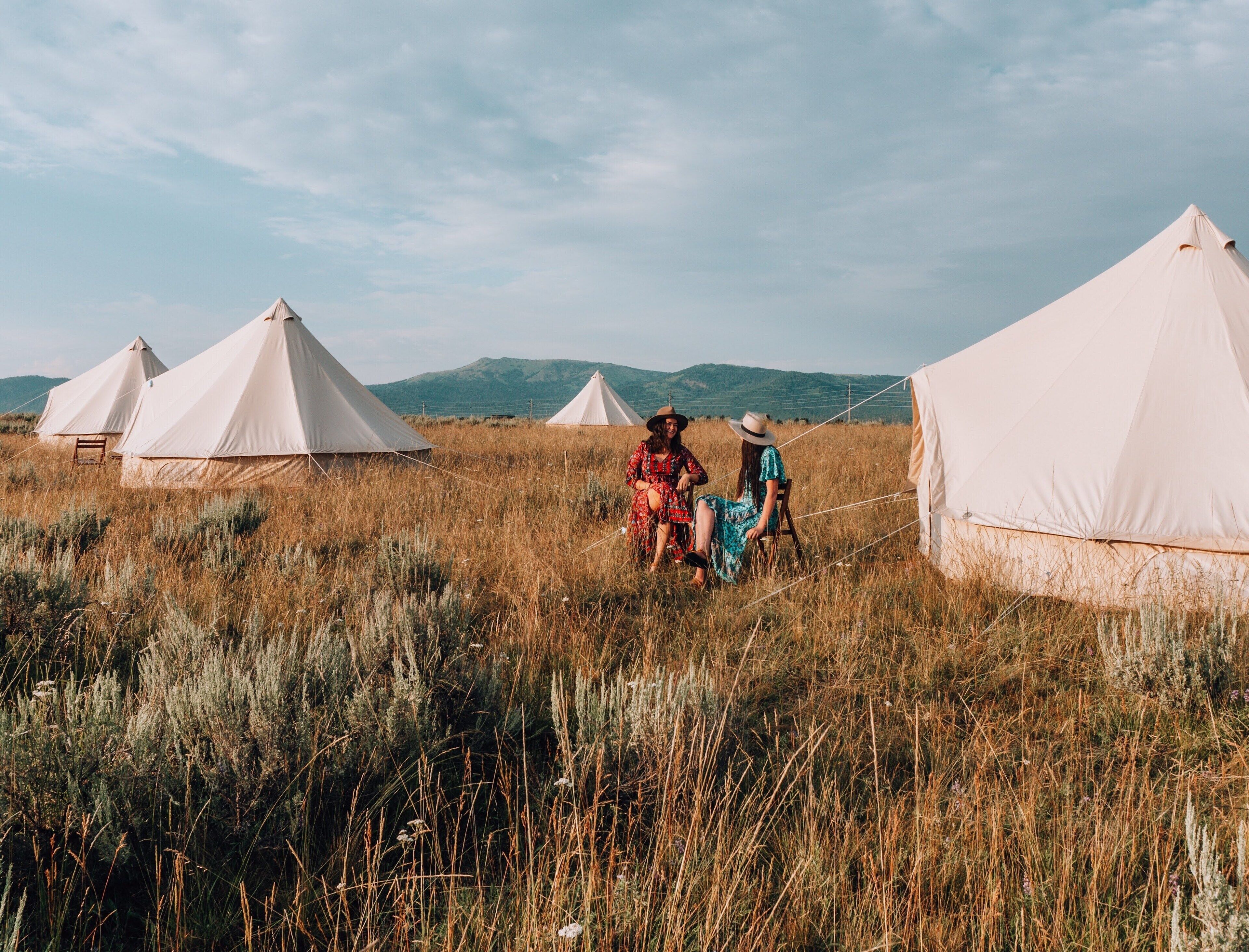 A group of yurts in a grassy field with mountains in the background.