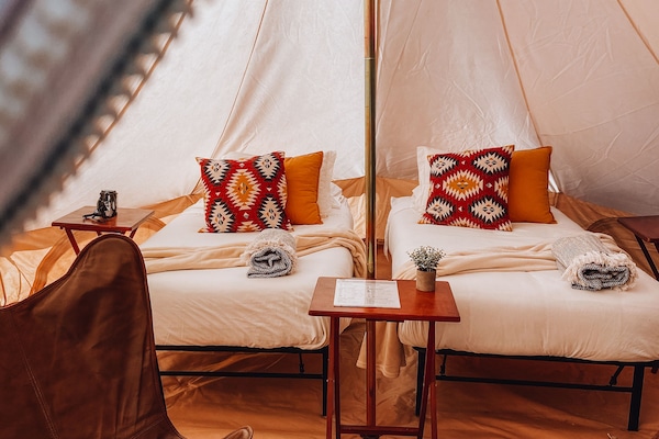 Twin Tent with Shared Bathroom | Down comforters, individually decorated, individually furnished