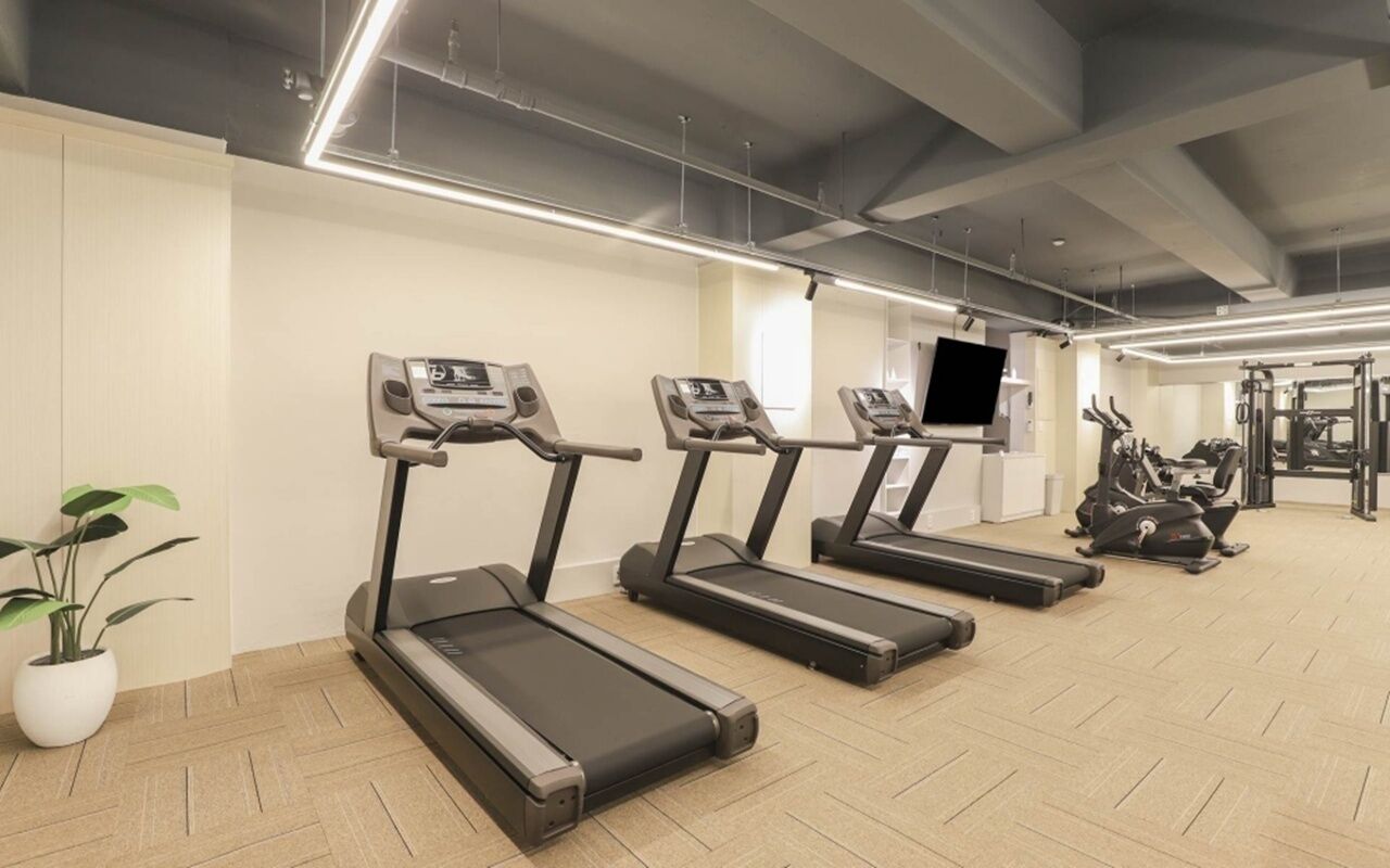 A gym with treadmills, exercise bikes, and a television screen.