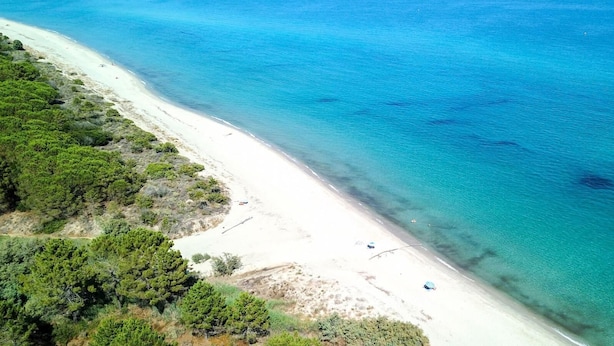 An aerial view of a beach with clear turquoise waters, sandy shore, and dense green vegetation on the left. - E case di u Puntale, Villa with swimming pool ideal for family vacations. (Ghisonaccia)