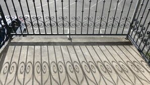 A metal gate with intricate designs, leading to a concrete pathway.