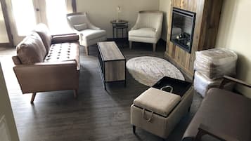 TV, fireplace, DVD player, books