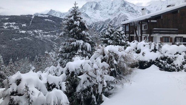 Un chalet en bois, dont le toit est recouvert de neige, entouré d’arbres chargés de neige et avec des montagnes en arrière-plan.