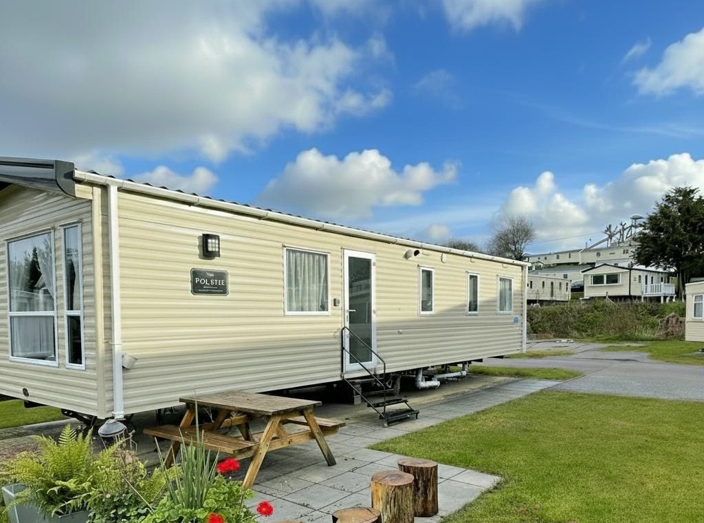 A mobile home with a nameplate, a picnic table, and potted plants.