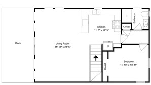 A floor plan with a deck, living room, kitchen, bathroom, and bedroom. - Some Beach | Oceanfront + Direct Beach Access! (Surf City)