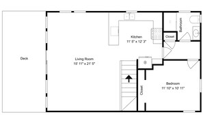 A floor plan with a deck, living room, kitchen, bathroom, and bedroom.