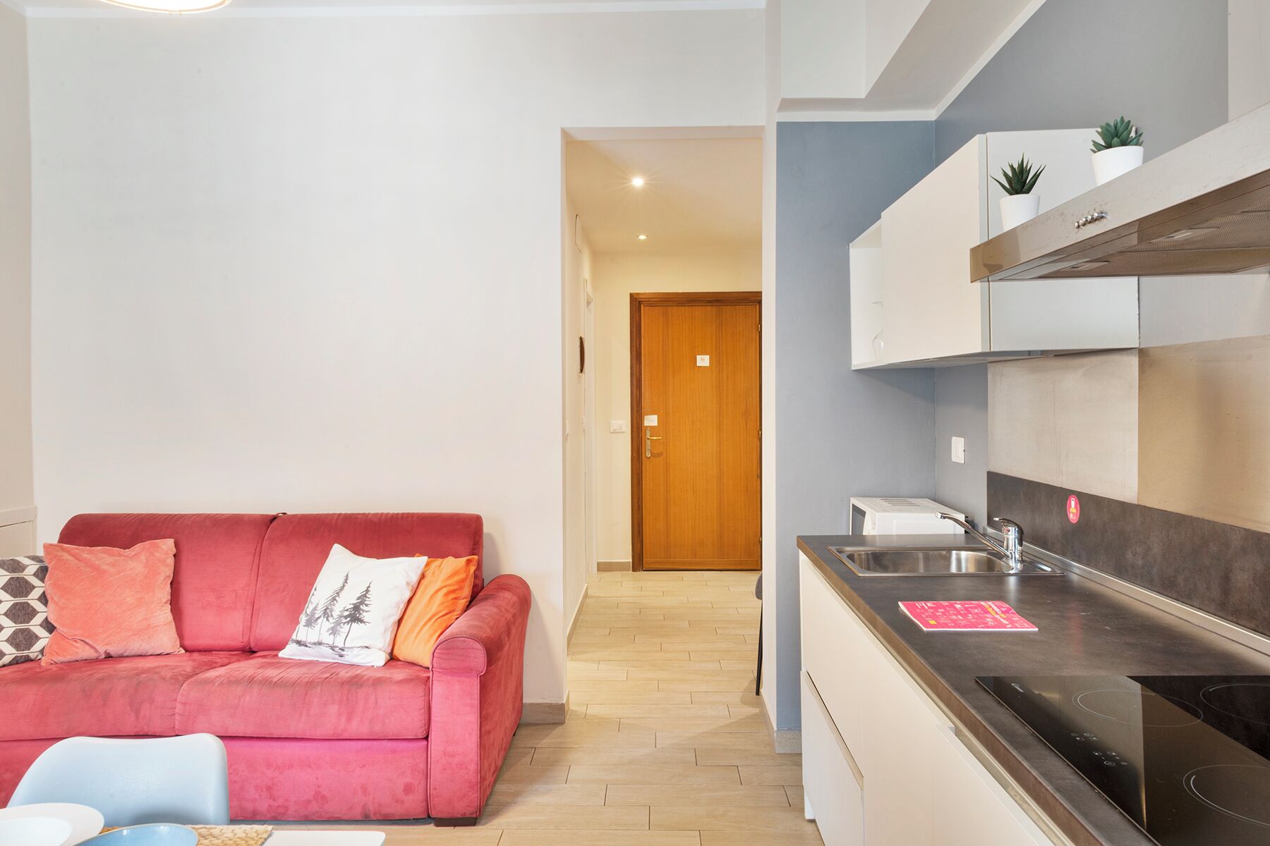 Un apartamento moderno con un sofá rosa, una cocina con una placa de inducción negra y una puerta de madera al fondo.