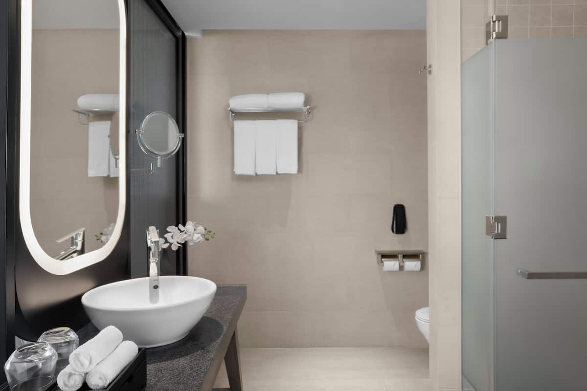 Een moderne badkamer met een groot ovaal wastafel, een ronde spiegel, een douchecabine van glas en een toilet.