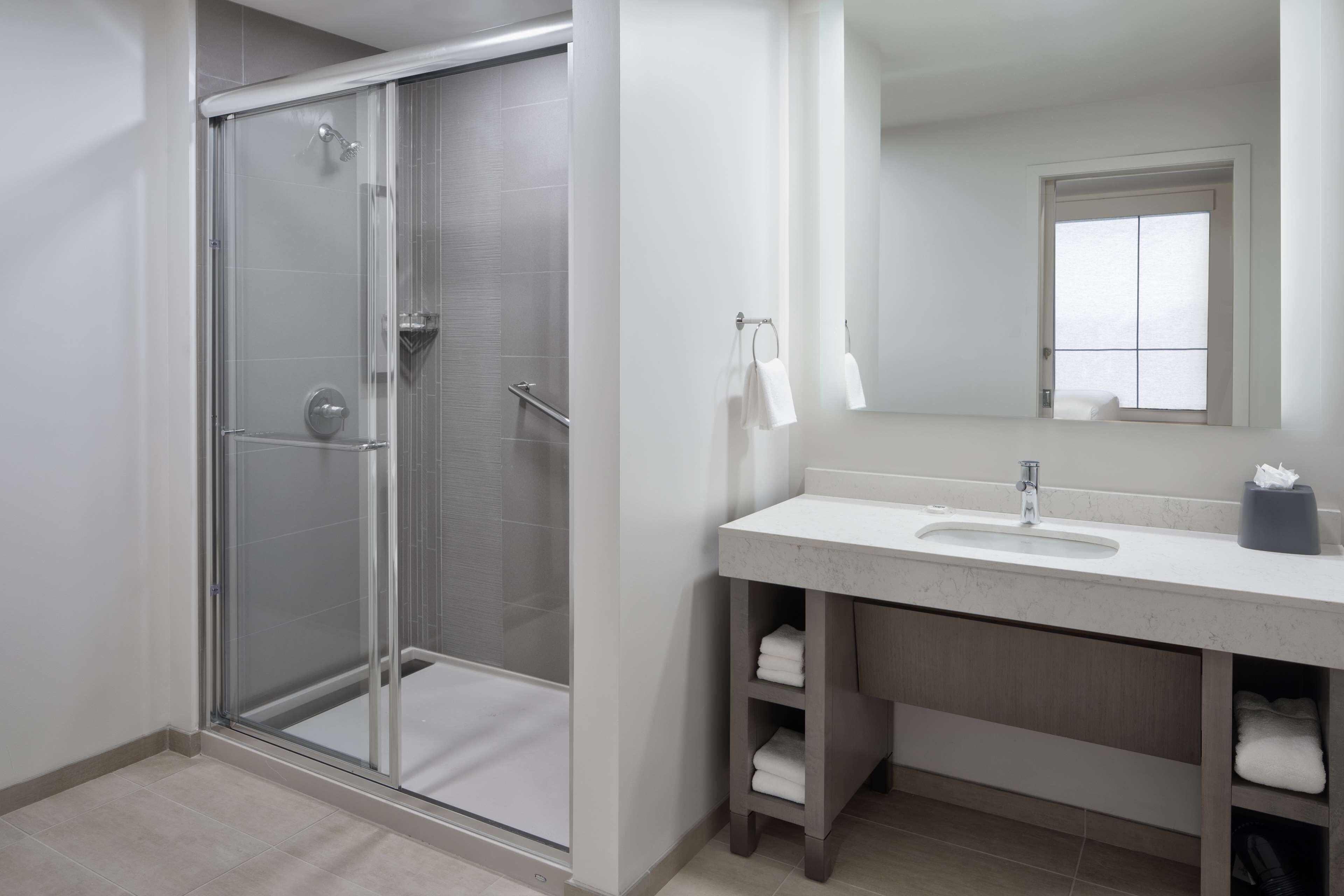 A modern bathroom with a glass-enclosed shower, a white sink, and a mirror above it.