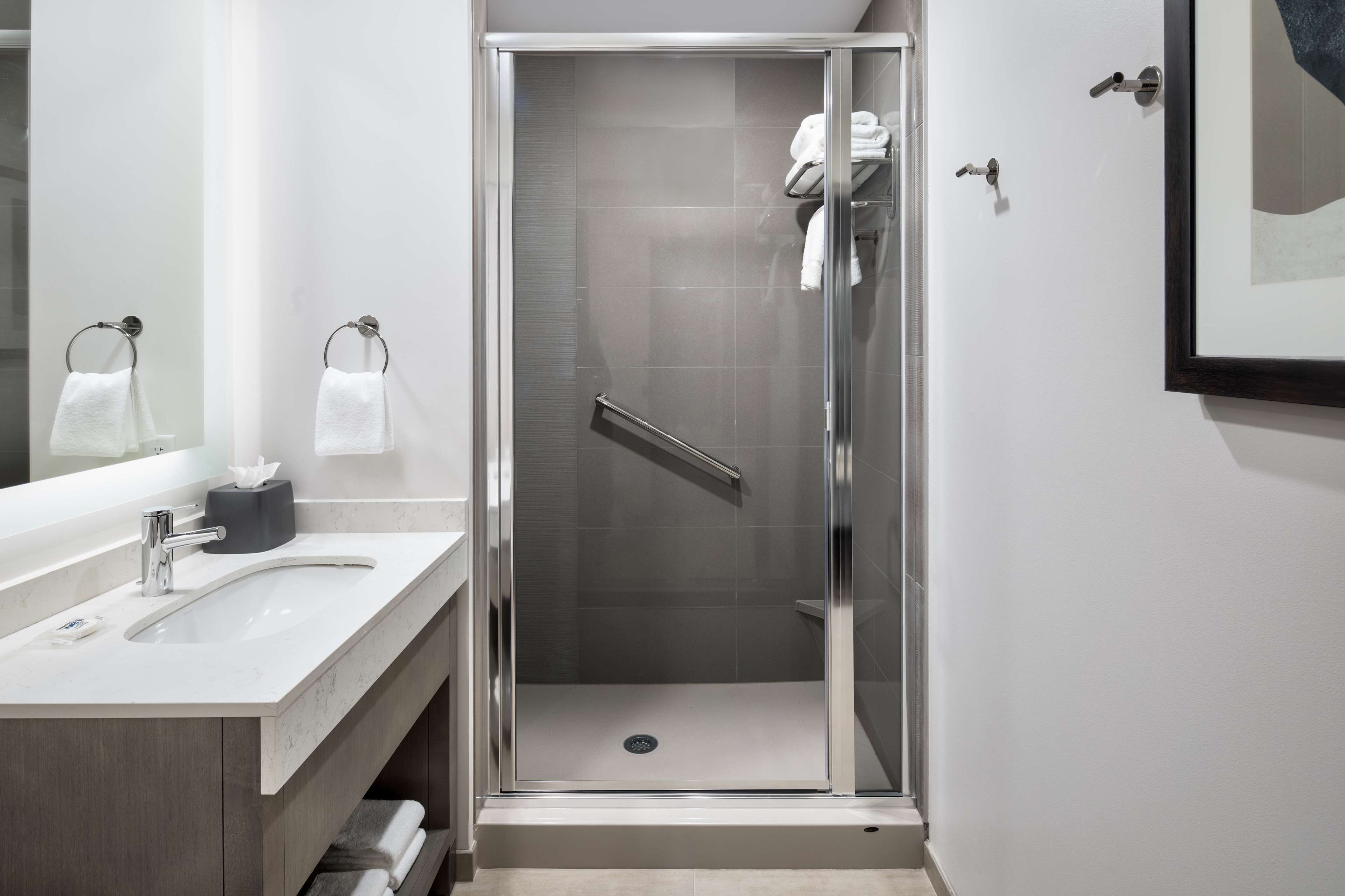 A modern bathroom with a glass-enclosed shower, a sink with a mirror, and a towel rack.