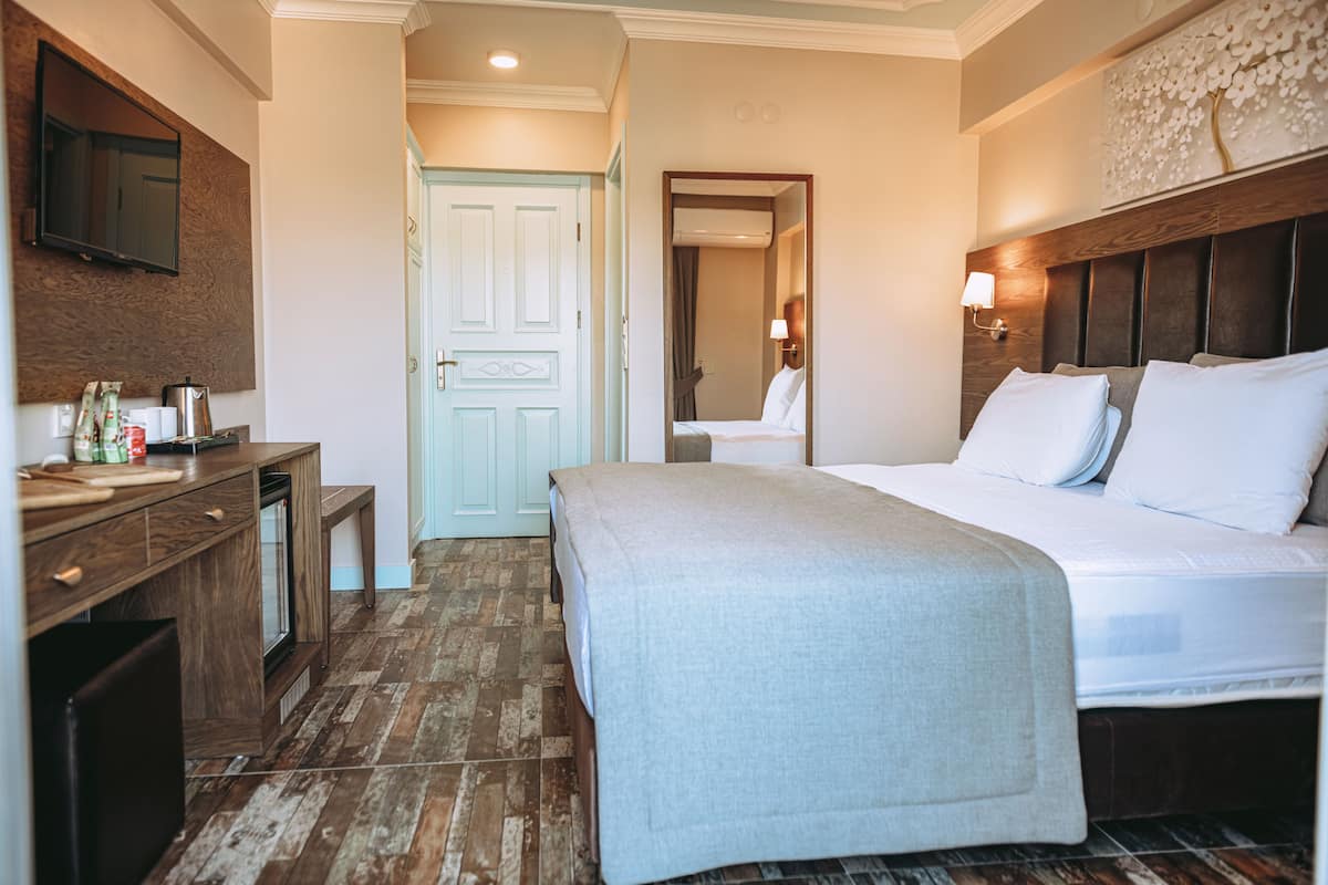 A hotel room with a bed, a desk, a mirror, and a television.