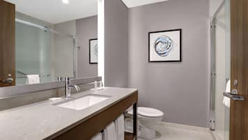 Un baño moderno con un espejo grande, un lavabo y un inodoro.