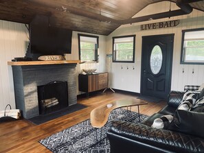 TV connectée, cheminée, Netflix, lecteur de DVD