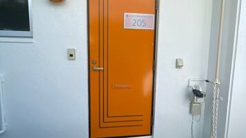 A door with the number 205, a small window, and a wall-mounted device.