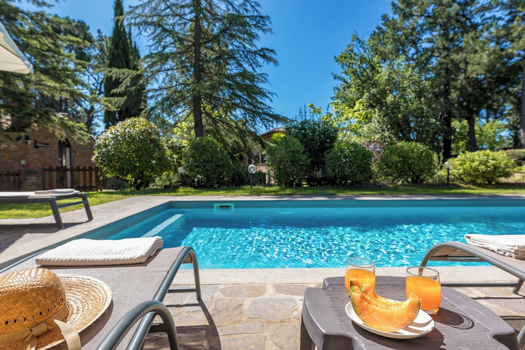 Area piscina con poltrone prendisole, un tavolo con frutta e bevande, e vista su una piscina circondata da alberi e un edificio.