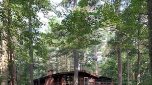 Une cabane dans une forêt, dotée d’une terrasse et d’un porche couvert.