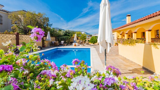 A pool area with a clear blue sky, surrounded by vibrant flowers and a white umbrella. - Cubo's Finca Las Cuatro Lunas (Alhaurin de la Torre)