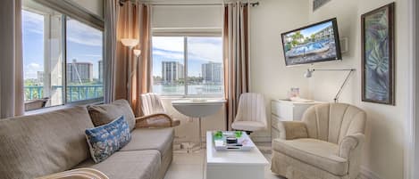 Flat-screen TV, books