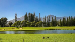Un campo da golf con uno stagno, alberi e montagne sullo sfondo.