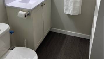 Duschwanne, Haartrockner, Handtücher, Seife