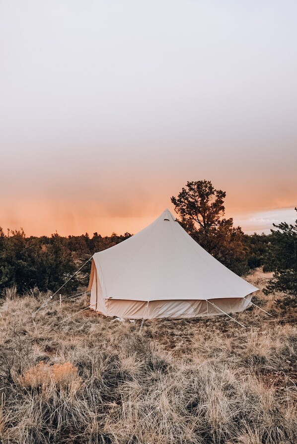 A large, white tent set up in a grassy field with a tree in the background. - Wander Camp Grand Canyon (Williams)