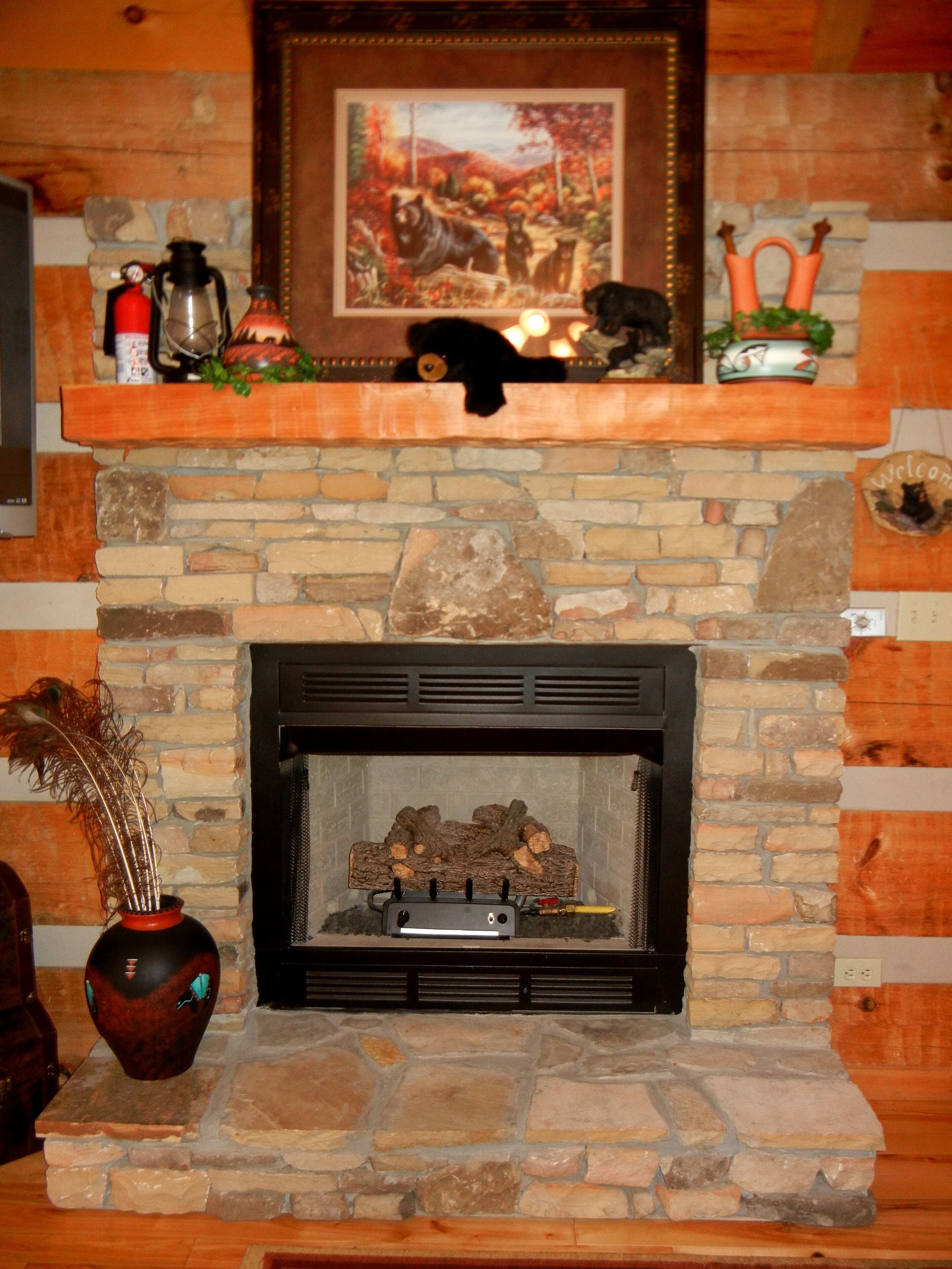 A stone fireplace with a black mantel, a framed picture above it, and a vase with dried plants to the left.