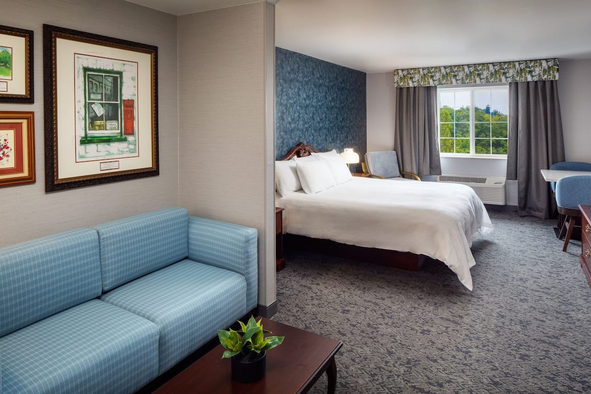 A hotel room with a blue checkered sofa, a bed with white linens, a small table with a plant, and framed pictures on the wall.