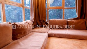 Ein gemütliches Zimmer mit einem großen Fenster, einem braunen Sofa und Teppichboden.