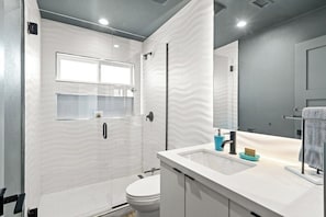 A modern bathroom with a walk-in shower, a toilet, and a sink with a mirror.