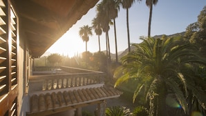 A balcony with a tiled floor, overlooking a garden with palm trees and a mountain in the background.