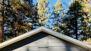 A cabin with a large window, a door, and a sign that reads "SILVER FOX RELAX". - Simply Relax in the Mountains! (Cloudcroft)