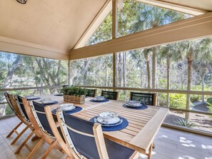 Outdoor dining - 21 Canvasback ~ Peaceful Home with Screened Porch, Pool & Close to Beach! (Hilton Head Island)