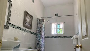 A bathroom with a toilet, sink, and shower area.