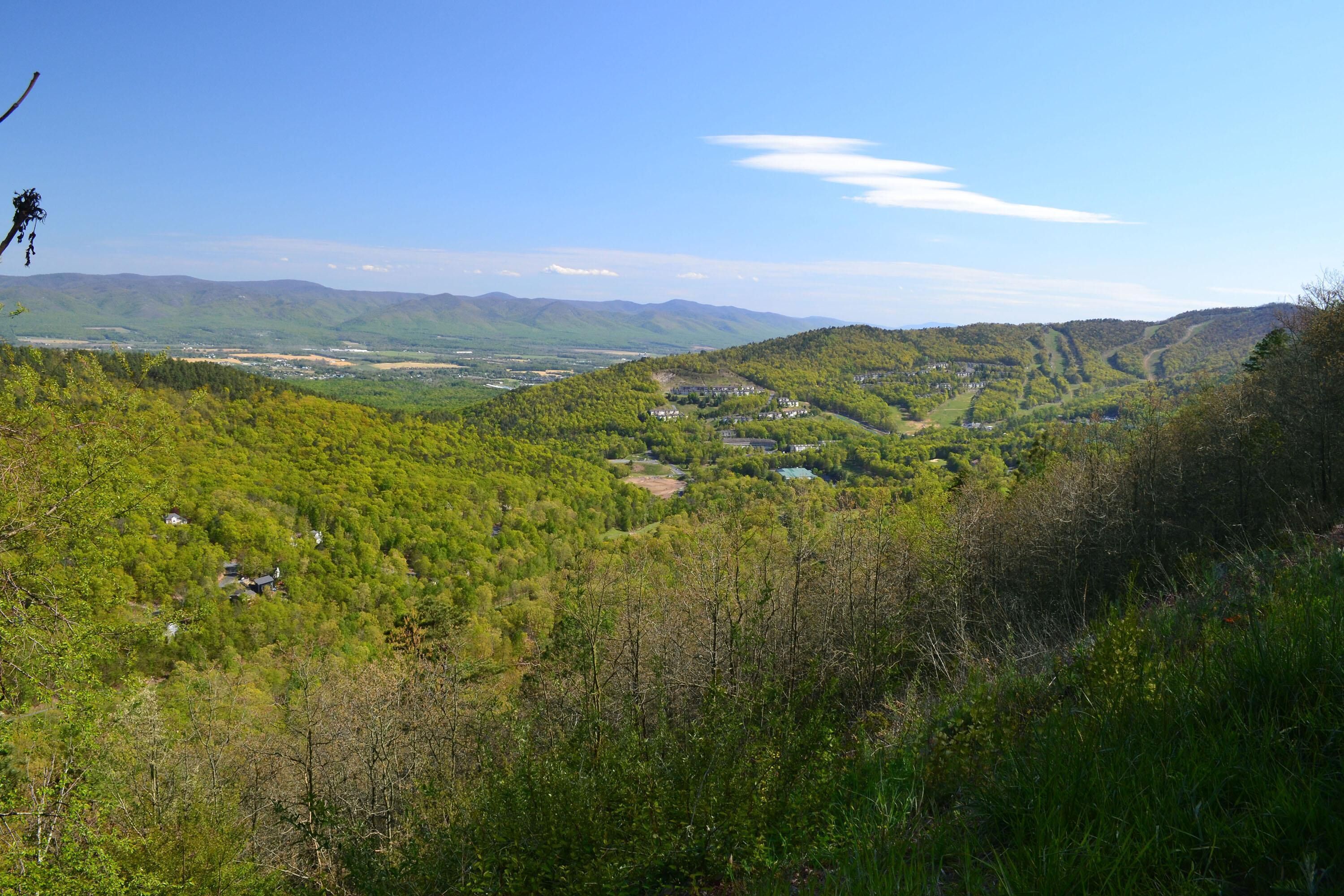 Un valle con un río, casas y colinas.