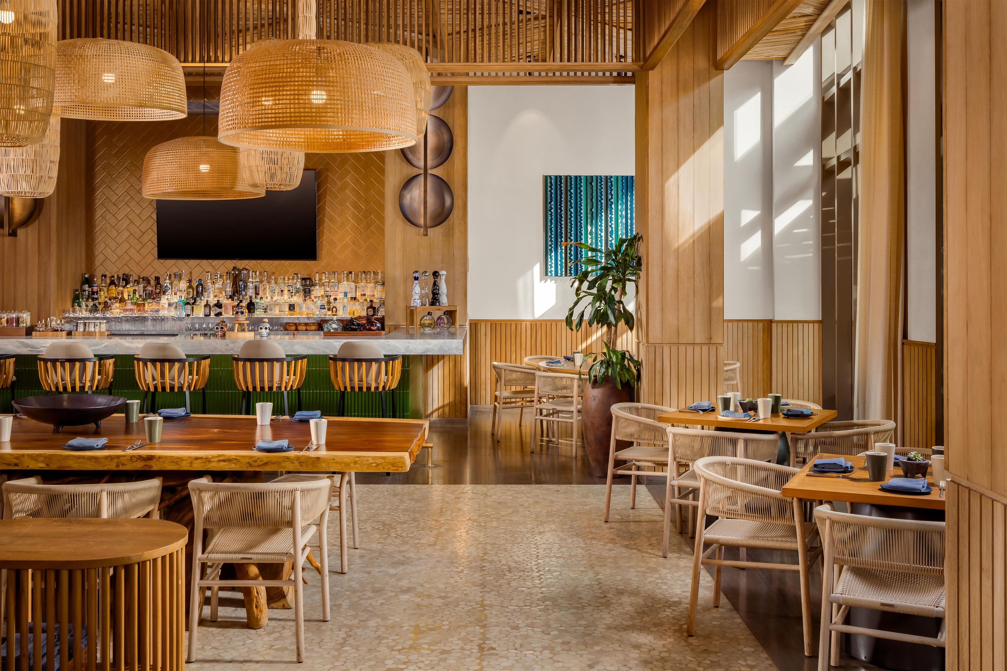 A restaurant with a bar area, wicker furniture, and a large potted plant.